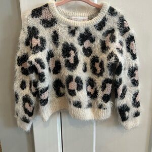 The Children's Place Fuzzy Leopard Print Crewneck Sweater - White, Black & Pink